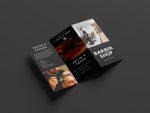 Professional barbershop team introduction flyer section featuring placeholders for staff photos and booking QR codes in a trifold format.