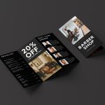 Premium minimalist black trifold menu for grooming business showing the front cover and service pages, editable in Canva.