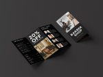 Premium minimalist black trifold menu for grooming business showing the front cover and service pages, editable in Canva.
