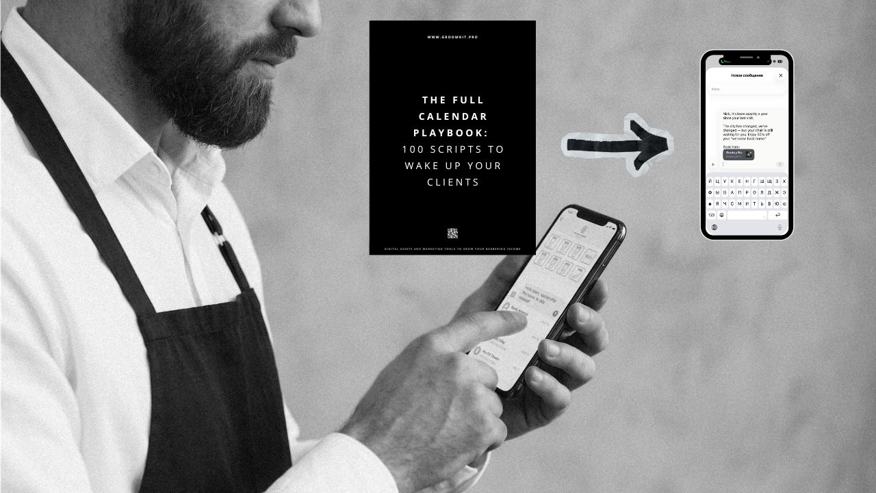 Barber using the 100 Client Message Scripts playbook to send a WhatsApp win-back message