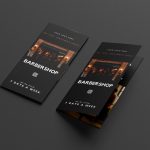 Black minimalist tri-fold marketing materials for men’s barbershop, premium euro brochure design for grooming studio editable in Canva.