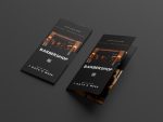 Black minimalist tri-fold marketing materials for men’s barbershop, premium euro brochure design for grooming studio editable in Canva.