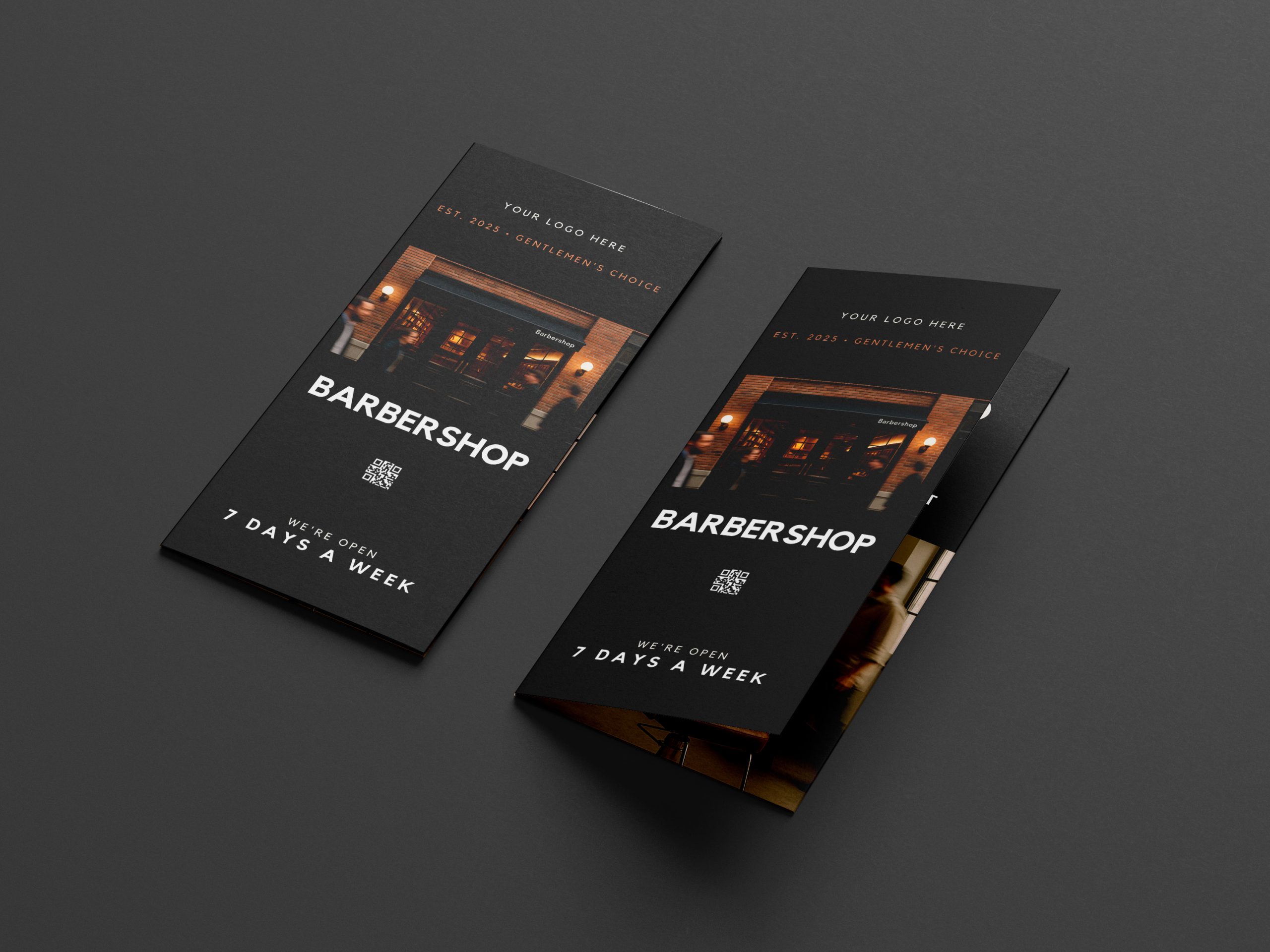 Marketing Materials for Men’s Barbershop – Black Premium Euro Brochure Design for Grooming Studio Black minimalist tri-fold marketing materials for men’s barbershop, premium euro brochure design for grooming studio editable in Canva.