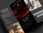 Close-up of minimalist black and gold barbershop trifold brochure template showing the high-contrast service price list section