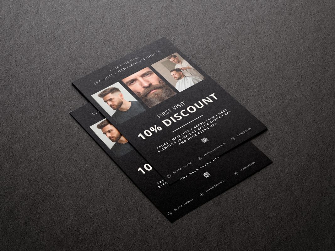 Premium A5 flyer for barbers and barbershops, highlighting first-visit discount and stylish design.