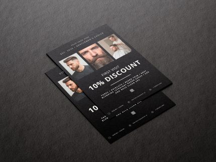 Premium A5 flyer for barbers and barbershops, highlighting first-visit discount and stylish design.