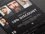 Close-up of dark minimalism A5 barber marketing flyer template showing the first-visit discount offer and QR booking code
