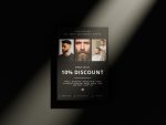 Dark minimalism trifold brochure for barbers and barbershops, ready for Canva customization and local marketing.