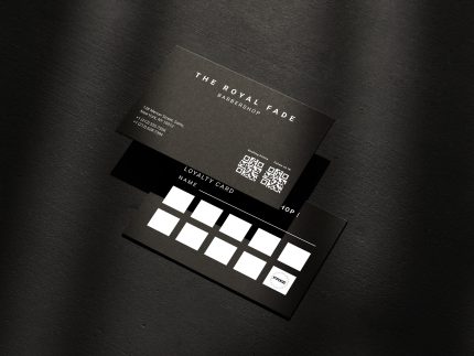Format guide showing the barbershop loyalty card template is editable in Canva free plan and exports as a business card sized print PDF