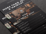 Close-up of minimal black A5 barbershop brochure template showing the editable logo, slogan area and short price list section