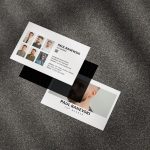 Two-sided white minimal barber portfolio business card mockup showing hero photo front and six-cut work grid with QR code reverse