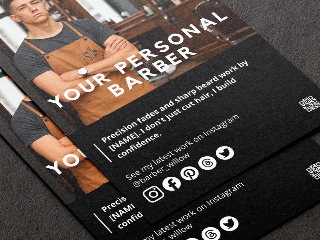 Close-up of A5 personal barber brand brochure template showing the barber photo, Your Personal Barber headline and tagline