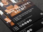 Close-up of A5 personal barber brand brochure template showing the barber photo, Your Personal Barber headline and tagline