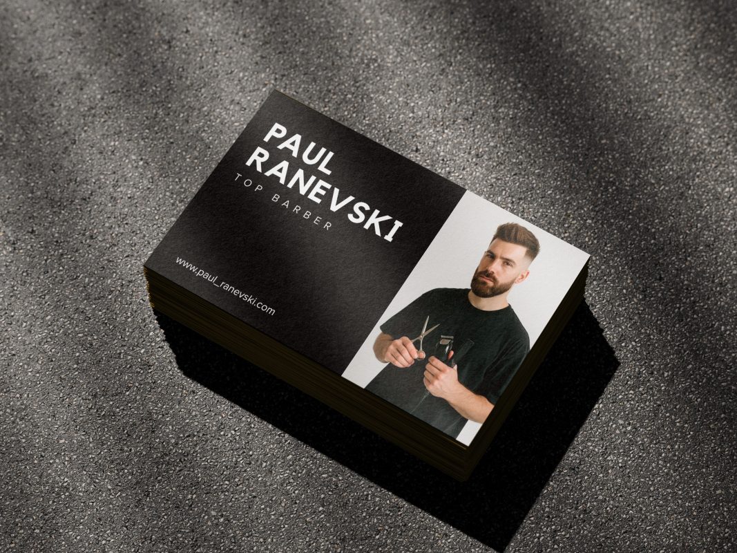 Use case graphic showing the black barber business card with photo works for barbershop teams and individual barbers working within a shop