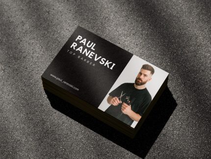 Use case graphic showing the black barber business card with photo works for barbershop teams and individual barbers working within a shop