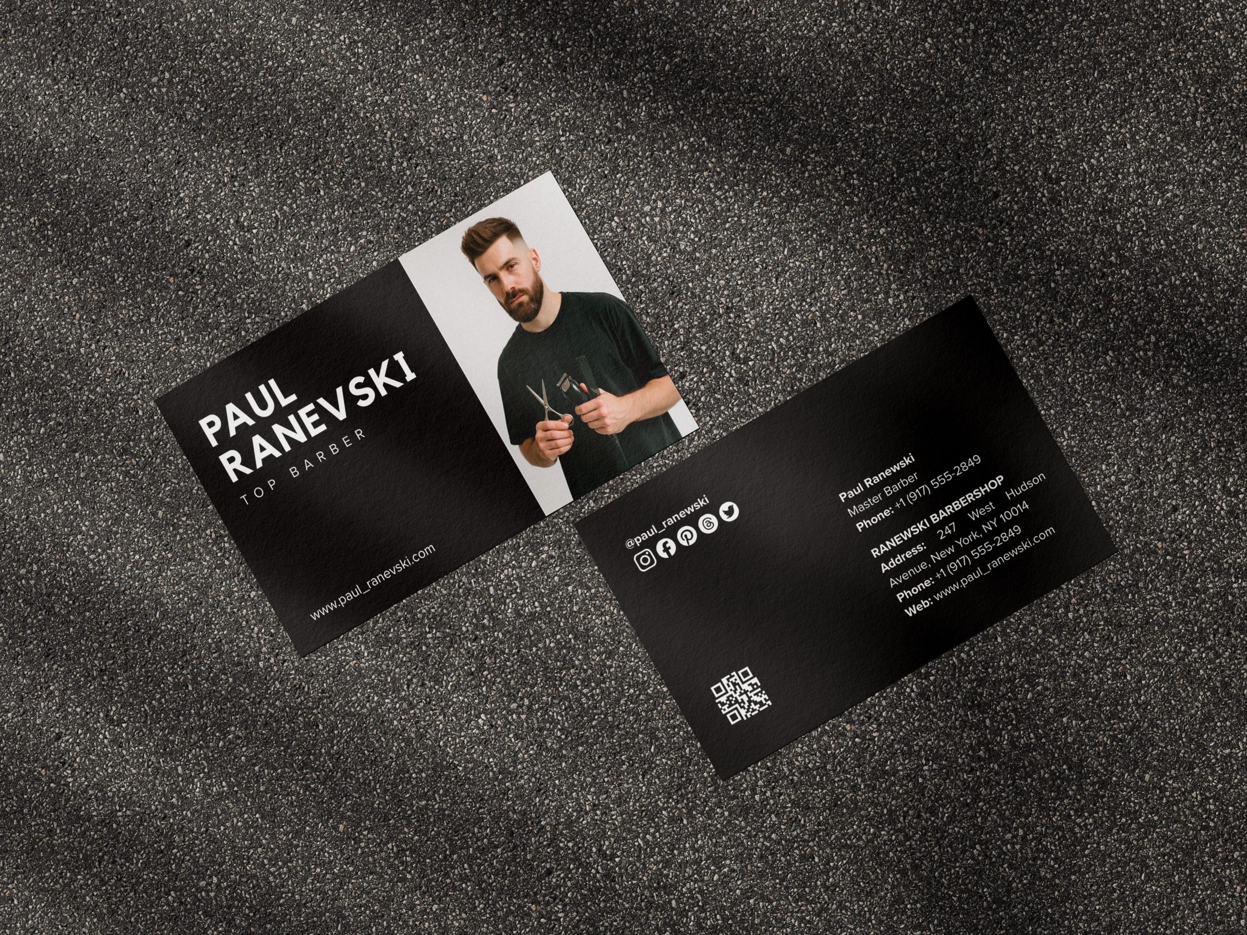 Black Barber Business Card – Photo Front Social Icons QR Code Mockup Two-sided black barber business card mockup showing photo and name front with social icons QR code and shop contact reverse