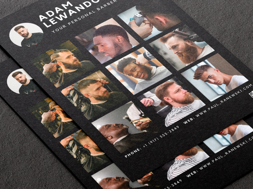 Close-up of A5 barber portfolio brochure template showing the circular profile photo header and haircut work grid