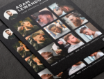 Close-up of A5 barber portfolio brochure template showing the circular profile photo header and haircut work grid