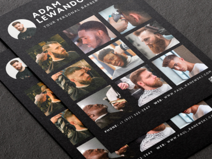 Close-up of A5 barber portfolio brochure template showing the circular profile photo header and haircut work grid