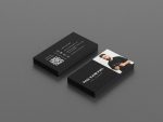 Front face of the freelance barber contact card template showing portrait photo placeholder with name and job title in minimal black