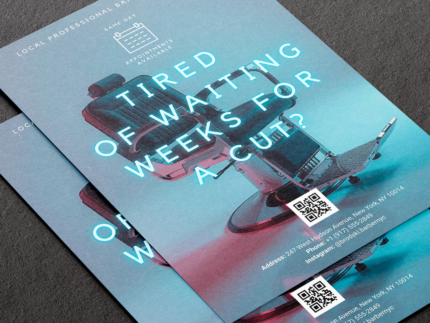 Close-up of neon minimal A5 local barber flyer template showing the Same-Day Appointments Available headline and QR code