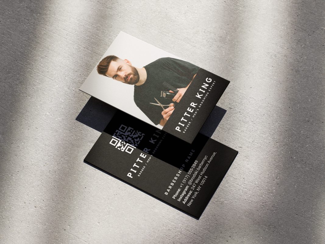 Format guide showing the solo barber name card template is editable in Canva free plan and exports as a standard business card print PDF