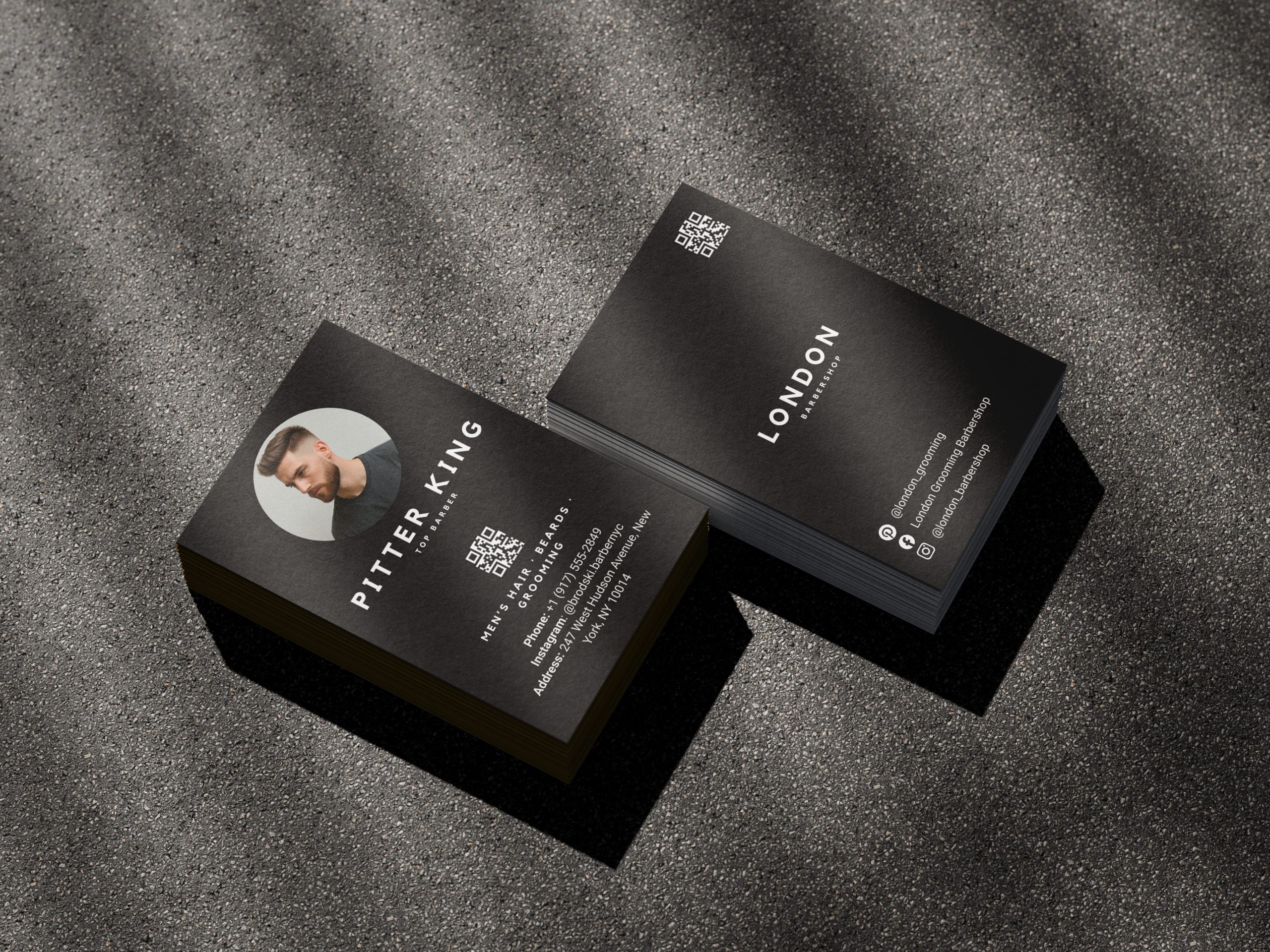 Barber Business Card Template – Double-Sided Photo QR Code Mockup Double-sided minimal black barber business card template mockup showing shop branding front and barber photo with QR code reverse