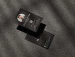 Reverse of the barber business card template showing barber photo placeholder, name, job title, second QR code, phone and address