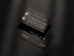 Double-sided minimal black matte barber reward card template mockup showing tiered visit discount system and dual QR codes