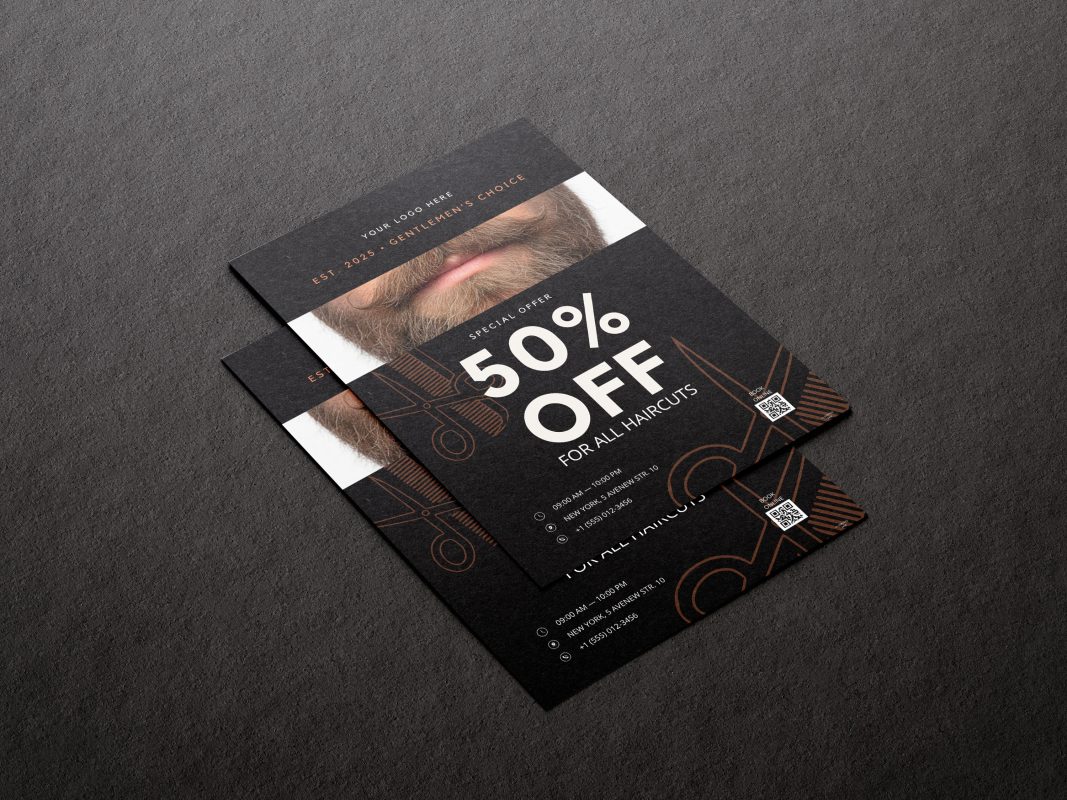 Barbershop promotion flyer with QR code booking block optimized for fast client appointments and local marketing.