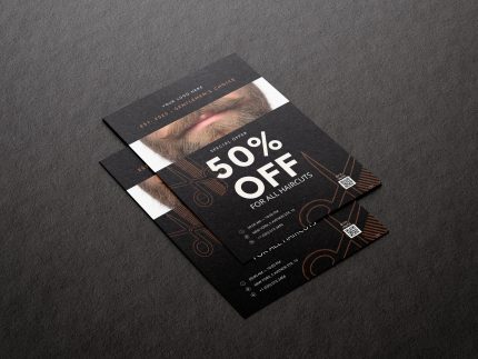 Barbershop promotion flyer with QR code booking block optimized for fast client appointments and local marketing.