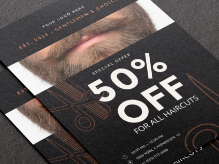 Close-up of dark minimalism A5 barber flyer template showing the 50 percent off offer in copper accent text and QR booking code