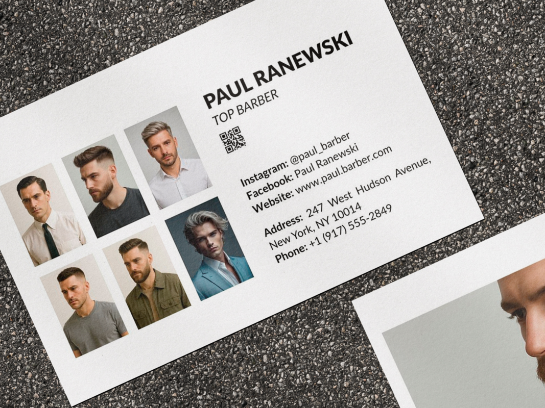 Close-up of white minimal barber portfolio business card template showing the six-photo haircut work grid on the reverse