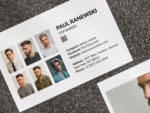 Close-up of white minimal barber portfolio business card template showing the six-photo haircut work grid on the reverse