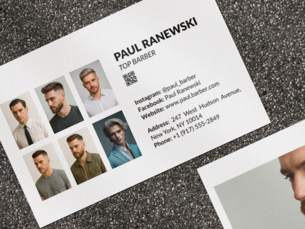 Close-up of white minimal barber portfolio business card template showing the six-photo haircut work grid on the reverse