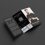 Digital trifold brochure cover for barbers in Dark Minimalism style