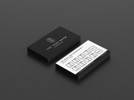 Black and white barbershop stamp card template mockup showing clipper icons in visit slots and two-tone card design front and reverse