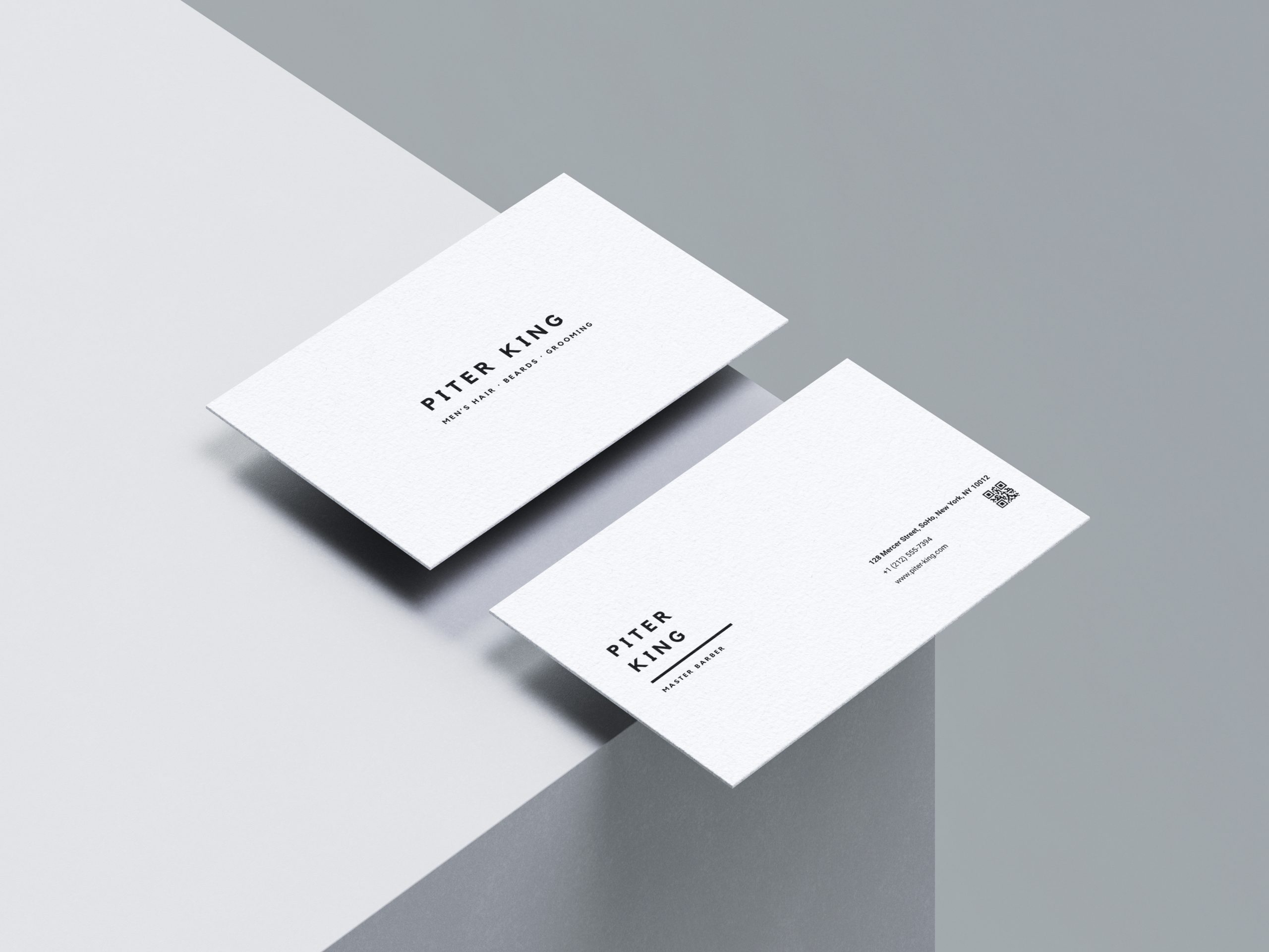 Minimalist White Barber Business Card Template Cover Two sides of a clean white barber business card featuring minimalist black text and a QR code.