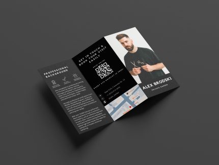 Digital trifold brochure cover for barbers in Dark Minimalism style