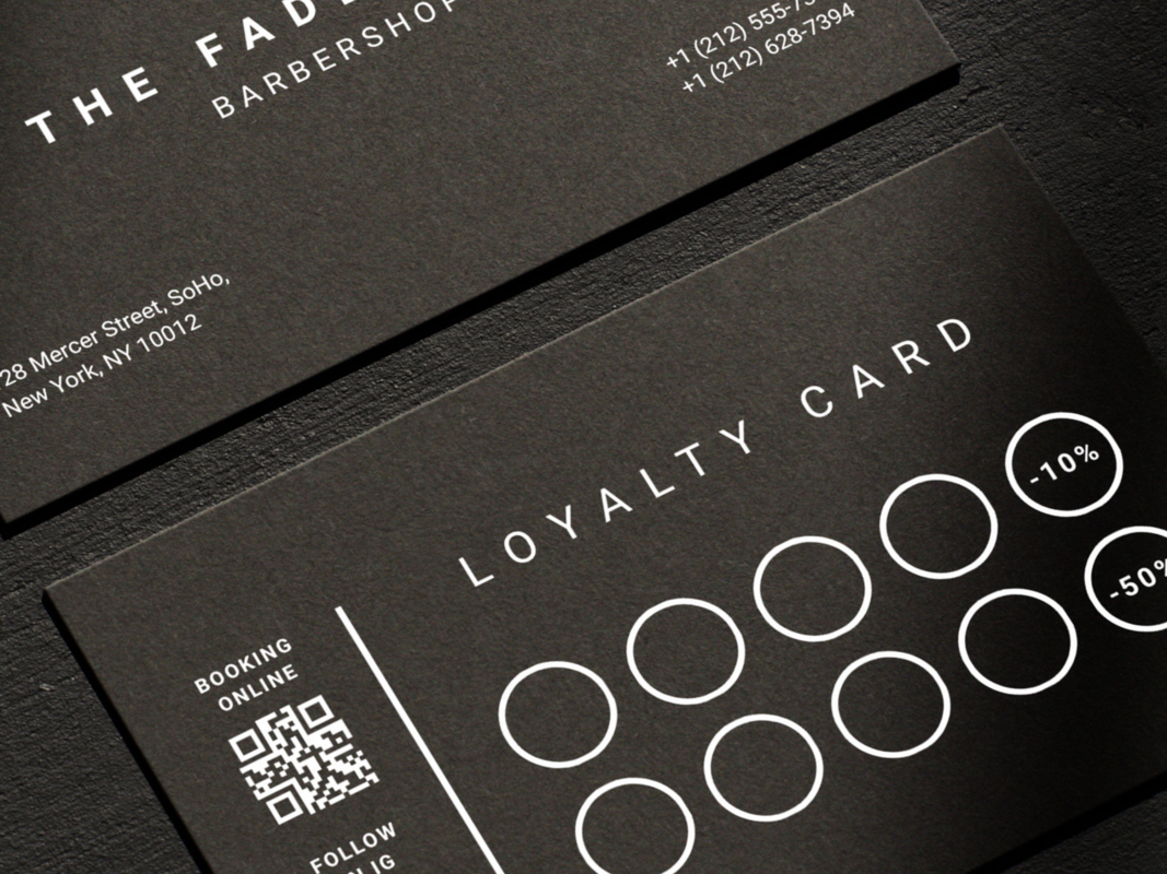 Close-up of minimal black matte barber discount reward card template showing the 5th and 10th visit discount milestones