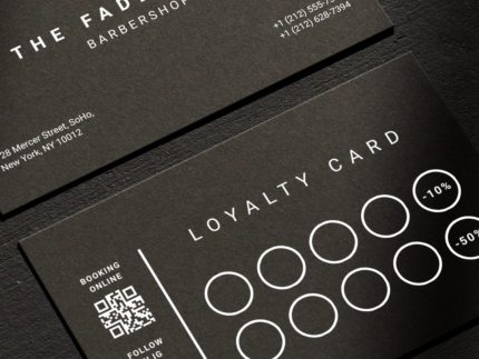 Close-up of minimal black matte barber discount reward card template showing the 5th and 10th visit discount milestones