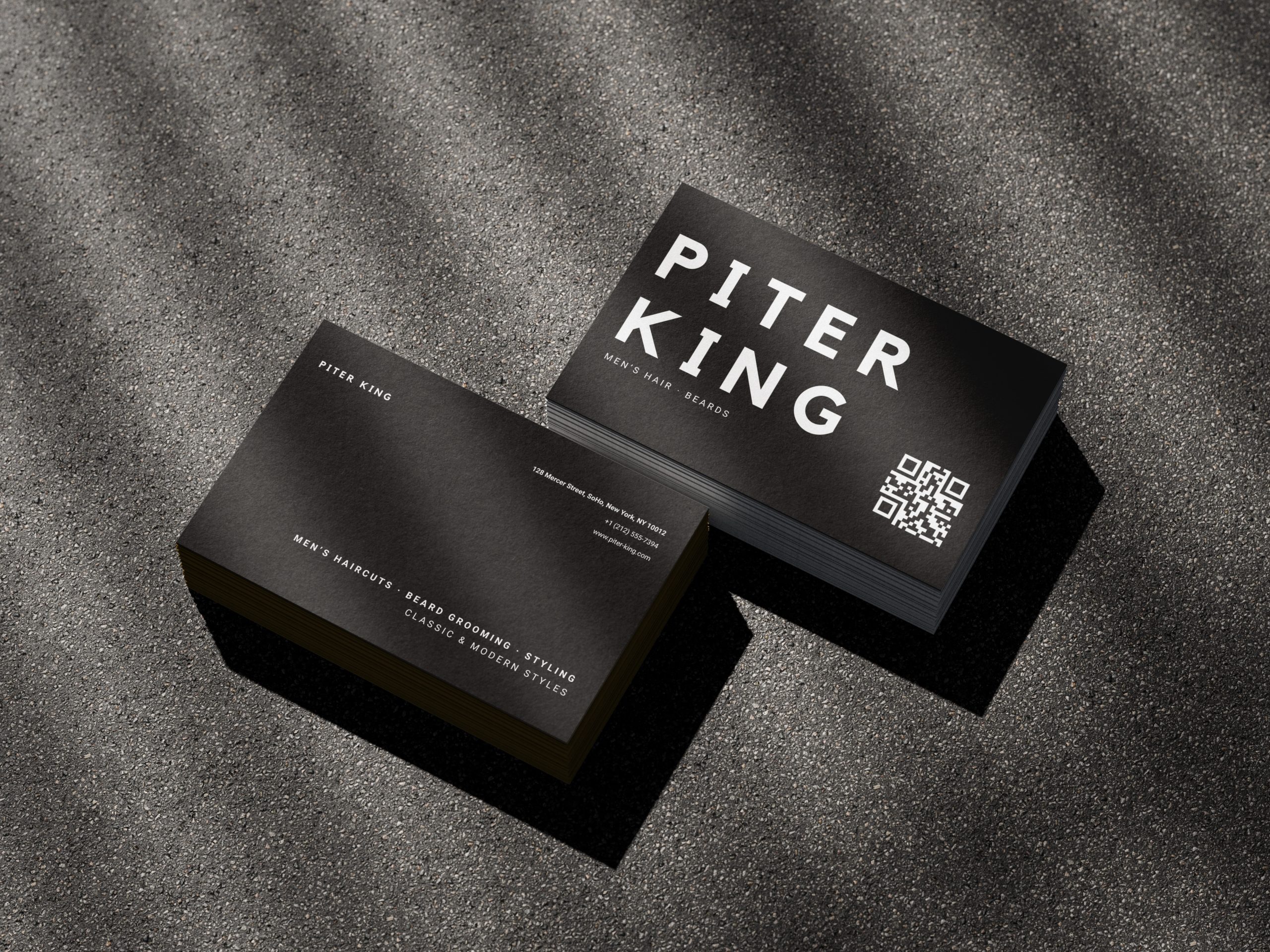 Barber Business Card Comparison - Shop Name vs Personal Name Focus Side-by-side comparison of a generic shop-branded barber card with no individual name and the bold personal barber name card template