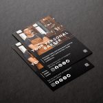 A5 personal barber brochure template mockup showing barber photo, name, Instagram handle and QR code on dark background