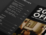 Close-up of black premium barbershop trifold brochure template inner page showing the 20 percent new client offer, price list and meet the team section