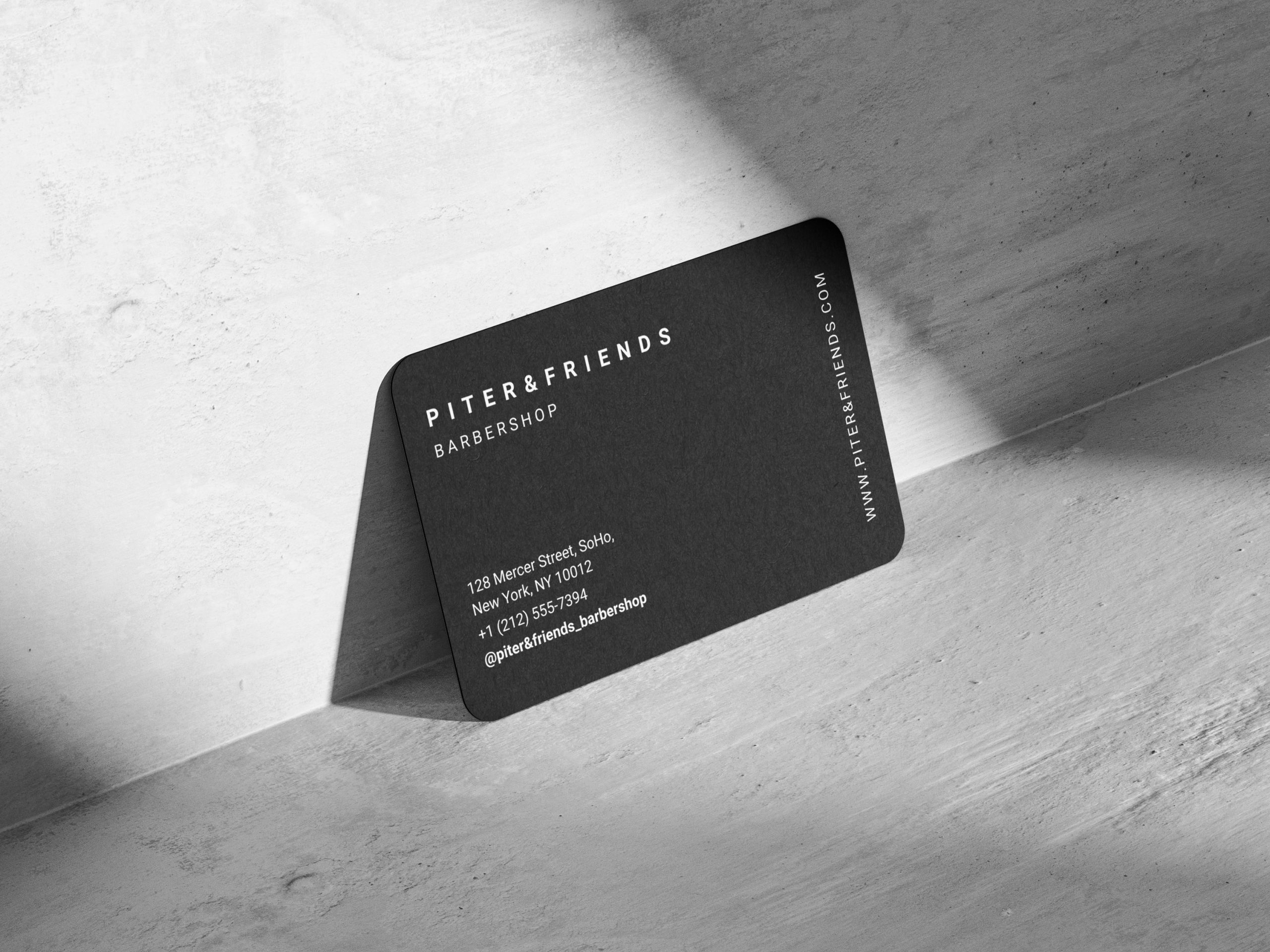 Barbershop Card Back - Name, Address, Phone, Website and Instagram Back face of text-only barbershop business card showing shop name, barbershop label, website, address, phone number and Instagram handle in column layout