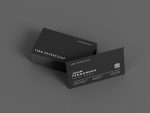Black double-sided barber business card template showing shop name on front and master name with QR code on back, Canva editable