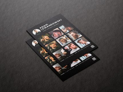 Printed A5 barber portfolio brochure template showing circular photo, work grid and QR code on a dark studio surface