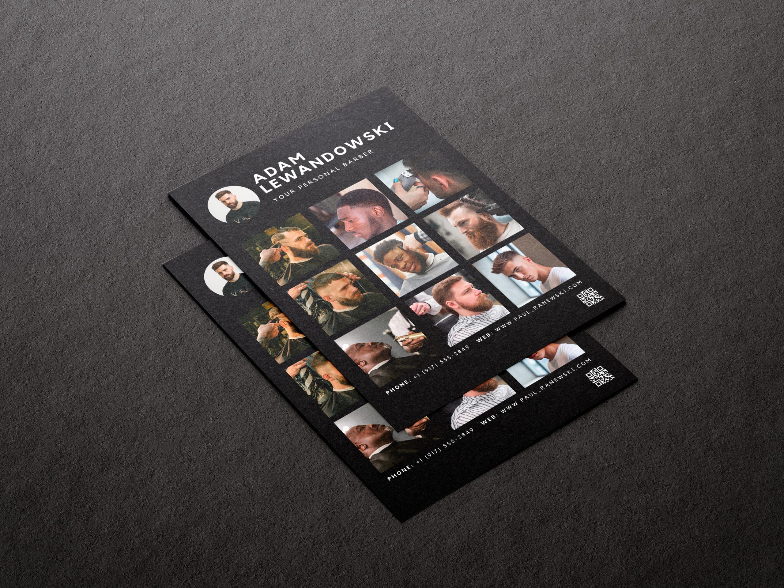 Barber Portfolio Brochure Template – A5 Photo Grid Mockup Printed A5 barber portfolio brochure template showing circular photo, work grid and QR code on a dark studio surface