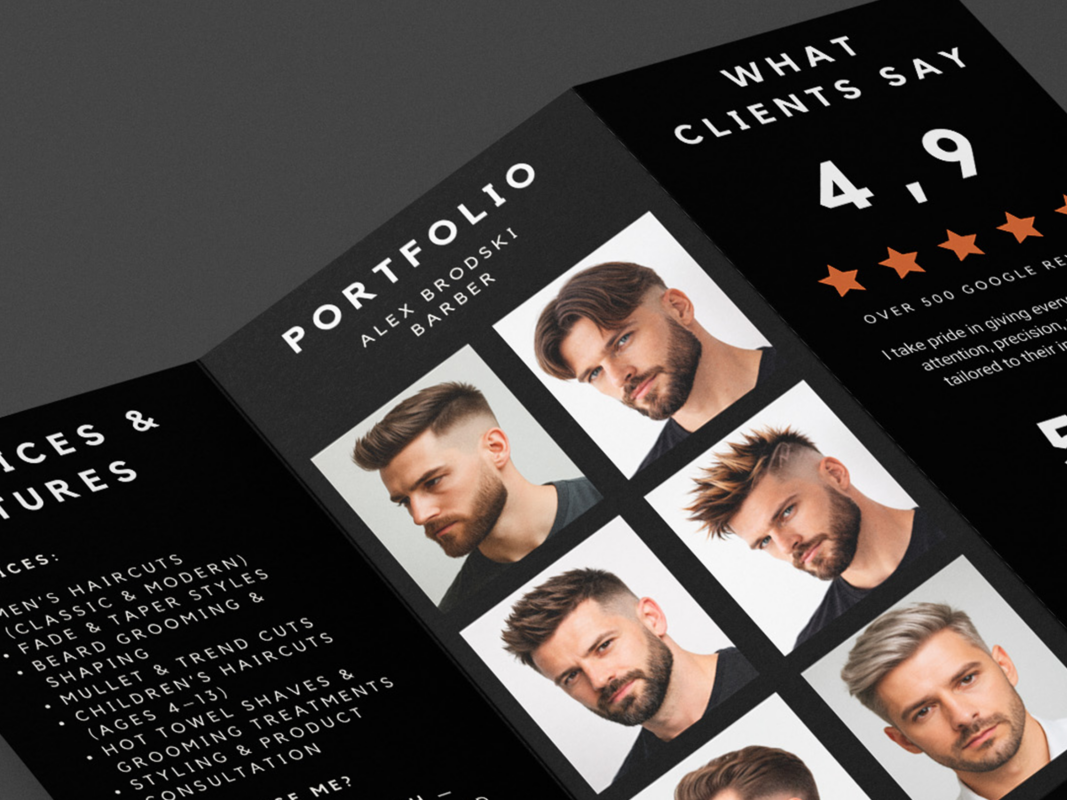 Close-up of dark minimalism premium barber trifold brochure template showing the price list and QR booking code page