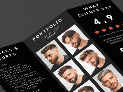 Close-up of dark minimalism premium barber trifold brochure template showing the price list and QR booking code page
